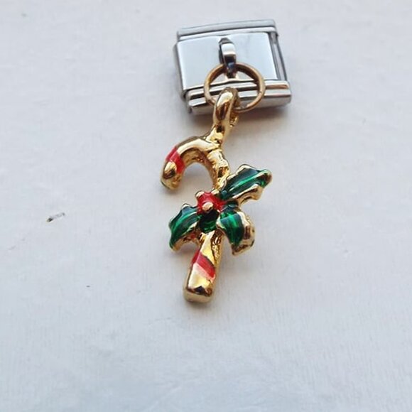 Metal and enamel candy cane dangle 9mm stainless steel italian charm link new - Picture 1 of 2